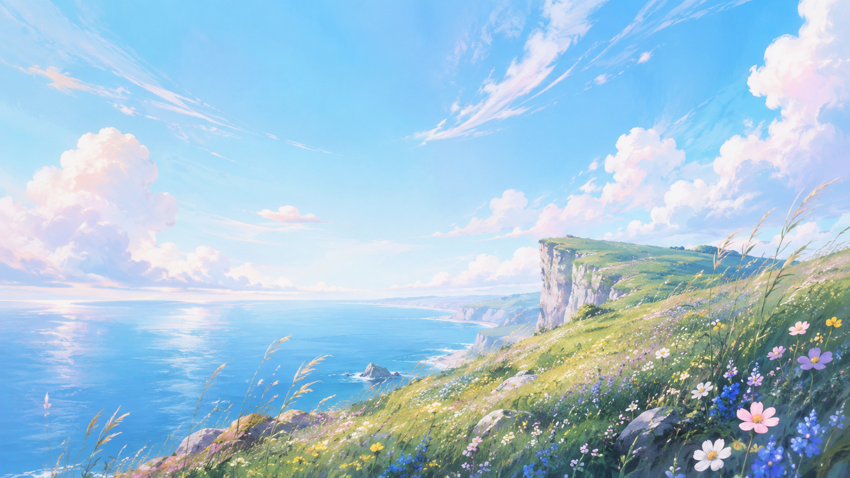 明亮的海边草坡和天空